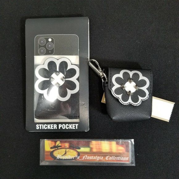 NEW Black Studded Flower Phone Sticker Pocket Wallet w/ Air Pod Case - Picture 1 of 6